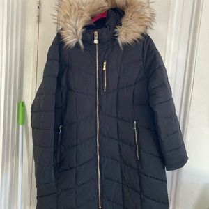 Plus sized, faux fur trimmed hood, puffer coat- Calvin Klein for Macy’s.
